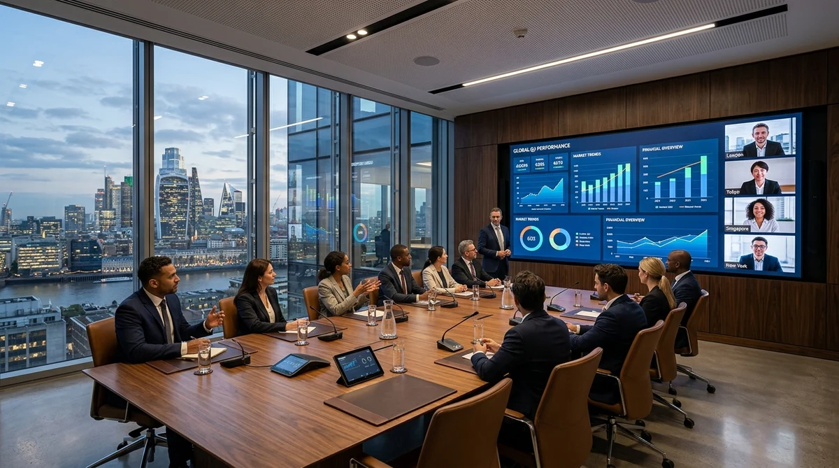 Executive boardroom presentation screen and hybrid collaboration display
