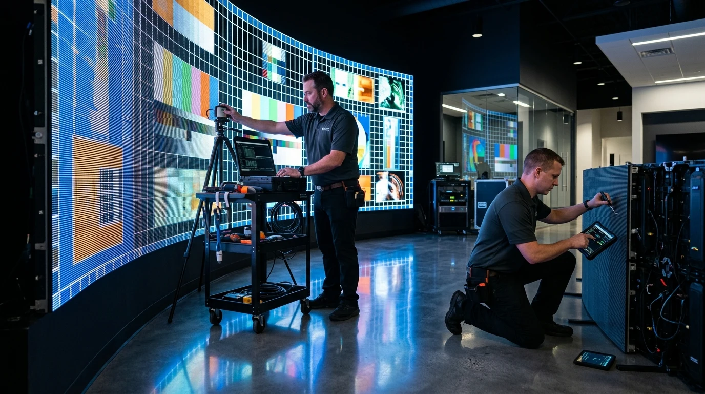 AV Engineers Calibrating Fine-Pitch LED Video Wall